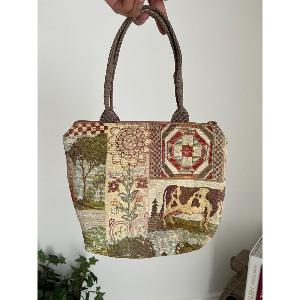 VTG Small Tapestry Cow Chicken Flower Farm Scene Golf Bag